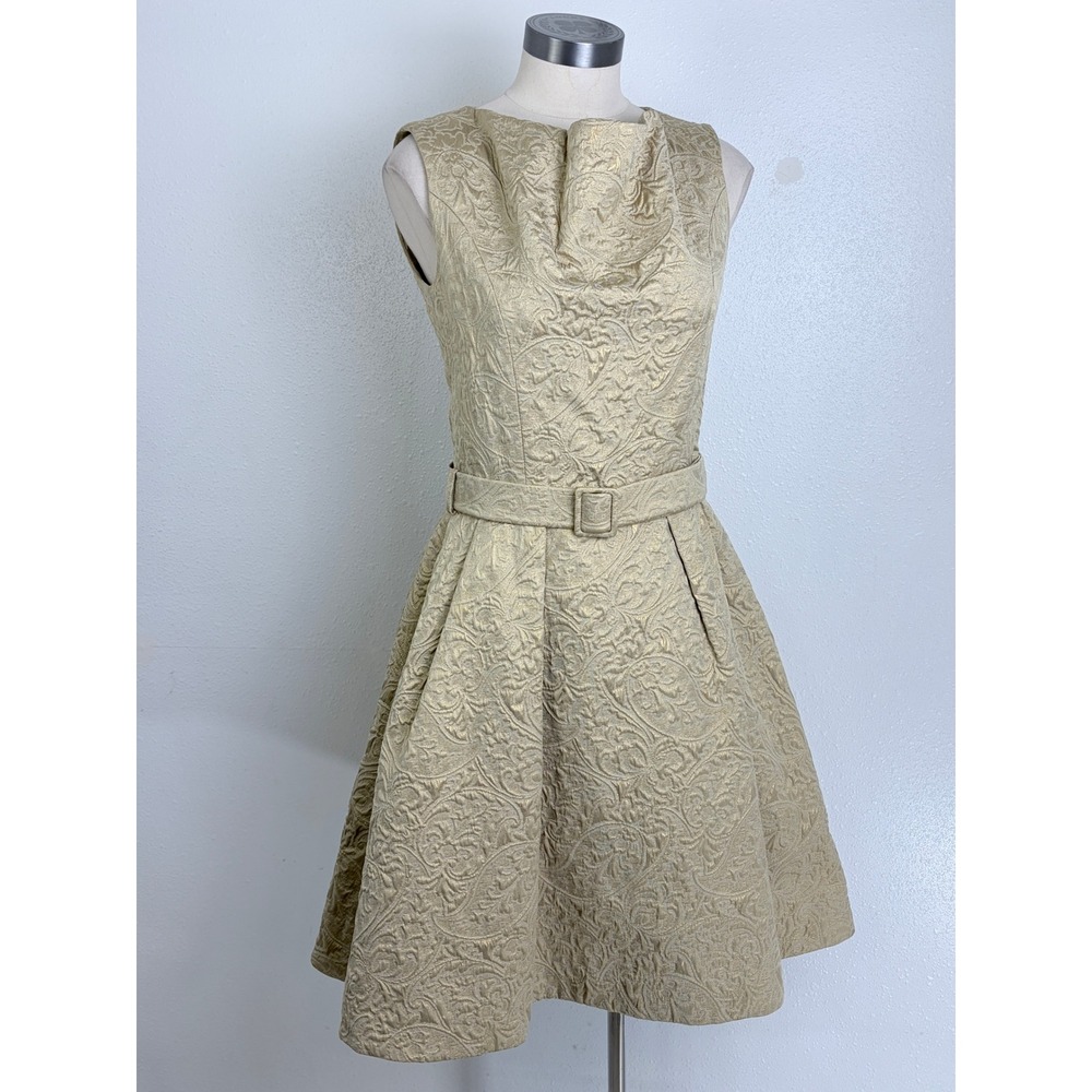 PAUW Amsterdam Gold Brocade Belted A-Line Cocktail Dress Size 1